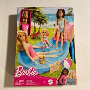 Barbie Doll and Pool Playset, Blonde in Tropical Pink One-Piece Swimsuit New
